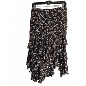 Veronica Beard Silk and Metallic Floral Ruffled Black Midi Skirt Size Small